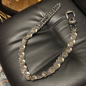 Men's Black Leather and Silver Metal X Belt